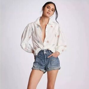 Anthropologie NEW  Maeve Embroidered Buttondown size MP white top blouse shirt